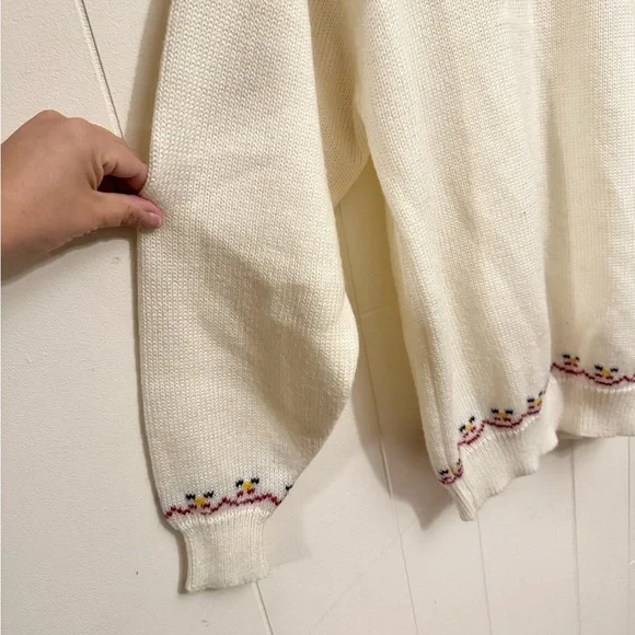 Vintage ‘80s White Crewneck Sweater with Floral Embroidery Women XL Cottagecore - Picture 5 of 9